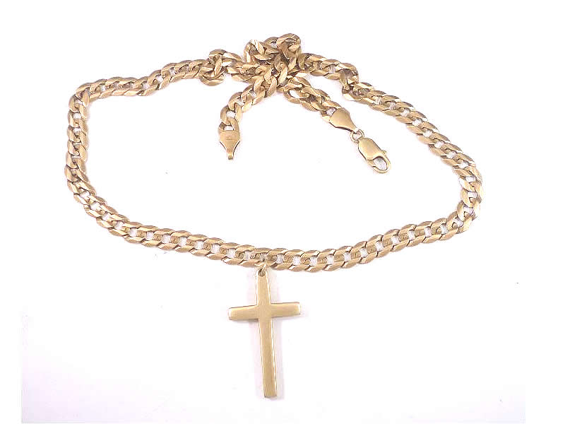 9CT GOLD, GENT'S CROSS AND CURB CHAIN (1)